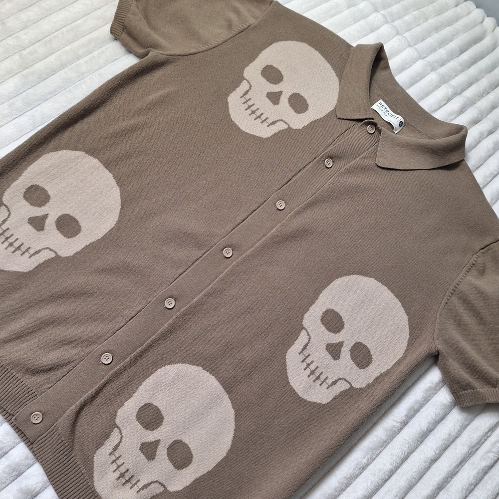 RETROFIT Button Up Cardigan Skull Sweater Womens XL Taupe Novelty‎ Goth Grunge